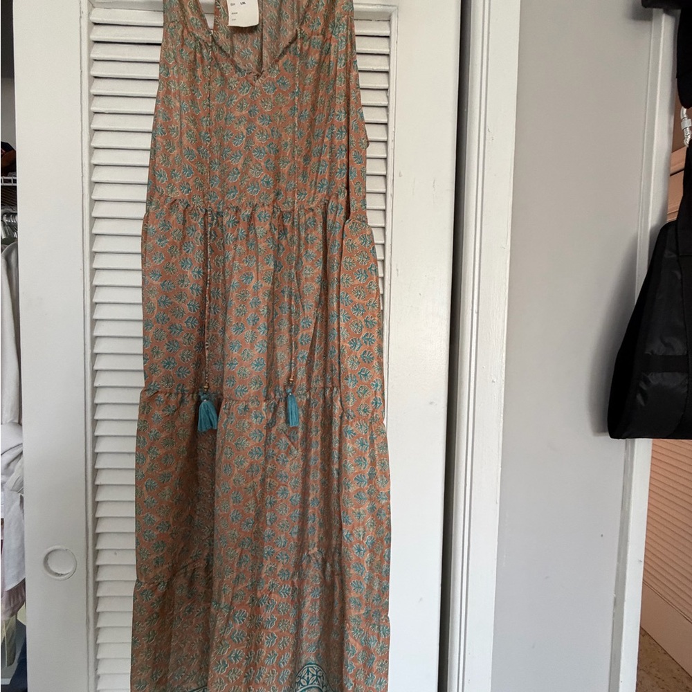 Tiered Peach Maxi Dress with Teal Floral Print